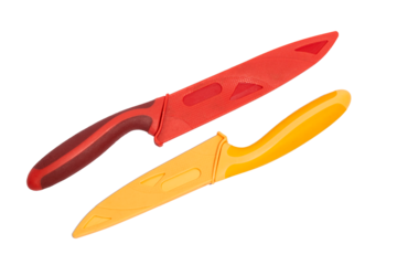 Two household knives isolated on a white background. One red knife and one orange knife with safety case