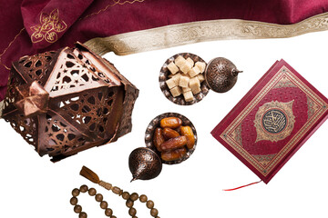 Composition with muslim lamp, holy book and arabic dessert