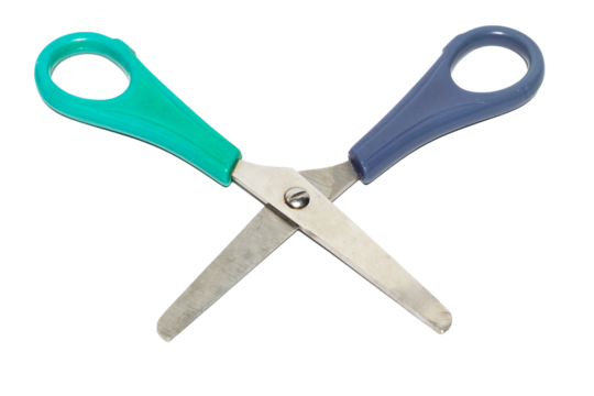 Child safety curved nose scissors open on a white background