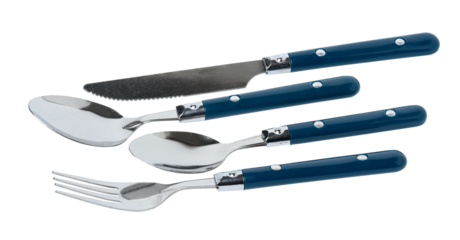 Metal cutlery with a blue plastic handle: fork, spoon, knife on a white isolated background