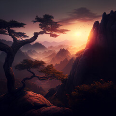 sunset in the mountains, high mountains in jungle, Generative AI