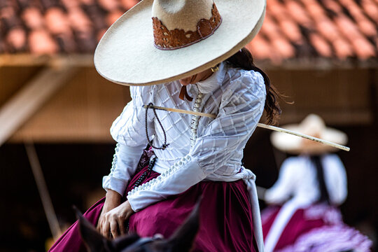 Mexican equestrian with a traditional hat on an Aztec horse of great lineage changing from gallop to trot, this is a unique and incredible show at Xcaret Park in Mexico that attracts a lot of tourists