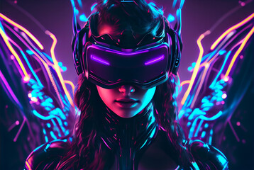 Naklejka na ściany i meble Woman wearing VR headset on neon light background image created with Generative AI technology.