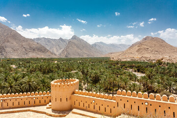 Panoramic view from the Nakhal fort in Nakhl, Oman, Arabia, Middle East - obrazy, fototapety, plakaty