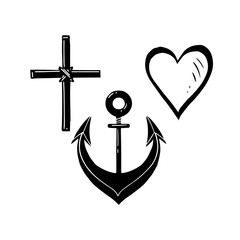 Cross, Anchor, Heart. Hand drawn black and white symbols, sign of Faith Hope Love. Isolated on a white background.