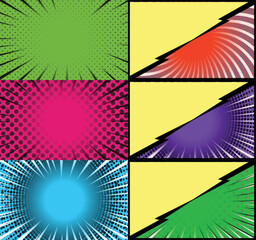 Comic book colorful frames background with halftone rays radial and dotted effects pop art style