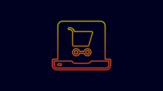 Glowing neon line Shopping cart on screen laptop icon isolated on blue background. Concept e-commerce, e-business, online business marketing. 4K Video motion graphic animation