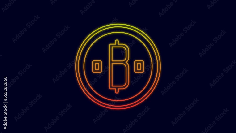 Poster glowing neon line cryptocurrency coin bitcoin icon isolated on blue background. physical bit coin. b