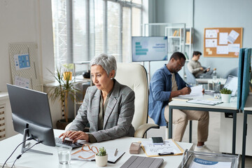 Portrait of senior Asian woman working at desk in open office with people in background, copy space