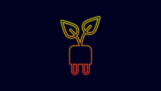 Glowing neon line Electric saving plug in leaf icon isolated on blue background. Save energy electricity. Environmental protection. Bio energy. 4K Video motion graphic animation