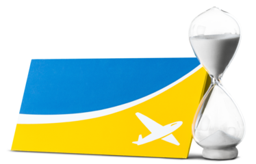 Old glass sand clock with a travel ticket