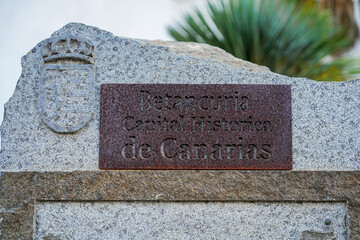 Entrance sign to the historical city center of Betancuria, the former capital city of Fuerteventura island in the Canaries, Spain
