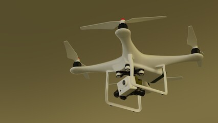 Powerful white drone loaded with some of light, advanced imaging and flight technologies under white-brown background. Concept 3D CG of lifesaving and unmanned cargo transportation.