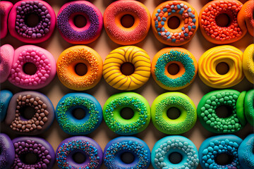 Rows of rainbow colored doughnuts