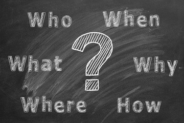 Six most common questions Who, what, where, when, why, how with question mark. Asking questions. FAQ. Having answers. Ask us, more information, research, concept. Chalk Illustration on blackboard.