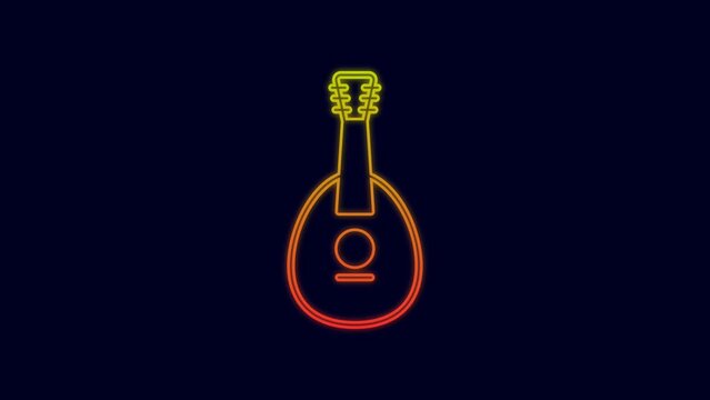 Glowing neon line Traditional musical instrument mandolin icon isolated on blue background. 4K Video motion graphic animation