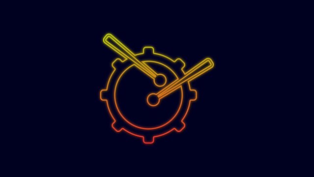 Glowing neon line Drum with drum sticks icon isolated on blue background. Music sign. Musical instrument symbol. 4K Video motion graphic animation