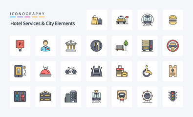 25 Hotel Services And City Elements Line Filled Style icon pack