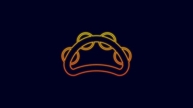 Glowing neon line Musical instrument percussion tambourine, with metal plates icon isolated on blue background. 4K Video motion graphic animation