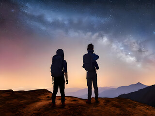 Silhouette of young couple hiker were standing at the top of the mountain looking at the stars and Milky Way over the twilight sky. Both of them were happy and free to travel