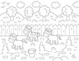 horses, trees and mountains coloring page for kids	