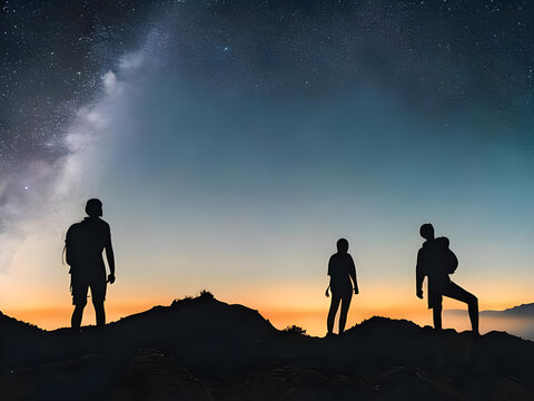 Silhouette of young couple hiker were standing at the top of the mountain looking at the stars and Milky Way over the twilight sky. Both of them were happy and free to travel