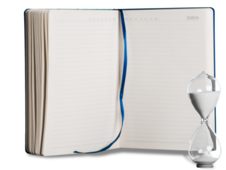 Hourglass and notebook concept for time slipping away