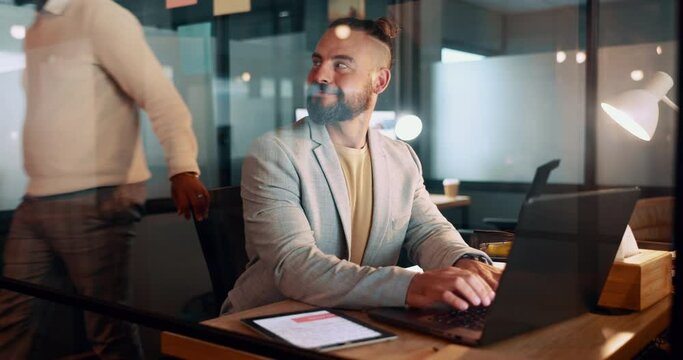 Laptop, typing and man in office writing an email, internet research or performance data report. Technology, communication and startup businessman working on project or networking on computer at desk