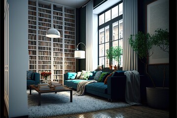 Big library shelves with many books in white contemporary living room interior. Generative ai illustration