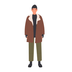 Man wearing warm outfit. Winter fashion clothes, hat and heavy jacket vector illustration