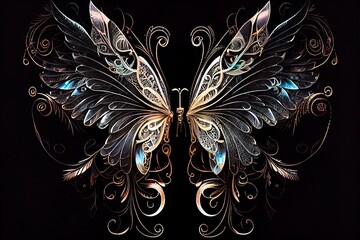 Photoshop overlays set to screen fairy wings drag and drop angel wings with black background for adobe composites. ornate, beautiful, intricate, wings. - obrazy, fototapety, plakaty