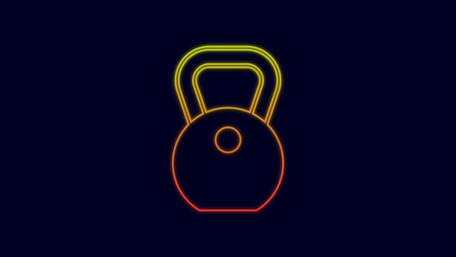 Glowing neon line Weight icon isolated on blue background. Kilogram weight block for weight lifting and scale. Mass symbol. 4K Video motion graphic animation