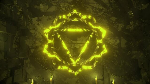 Engraved ancient stone solar plexus chakra Manipura 3d trippy vj loop background texture yellow 120 bpm visuals 4k Psychedelic backdrop selflove energy waves video kundalini flow