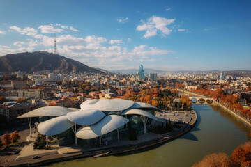Panoramic cityscape view of city center with modern contemporary buildings in Tbilisi, Georgia