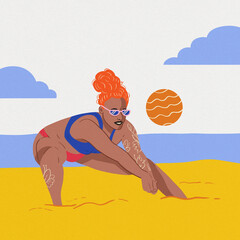 woman playing volleyball in sunglasses at the beach white background