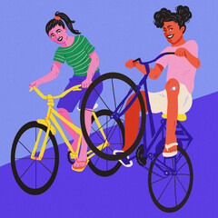 children riding bikes in flipflops green shirt blue background