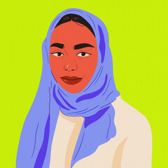 woman portrait blue hijab white shirt neon green background