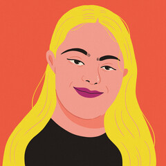 woman portrait blonde downs syndrome violet lips orange background