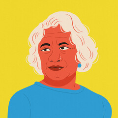 woman portrait hispanic elderly blue piercing shirt yellow background