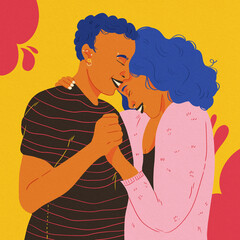 lesbian couple dancing black and pink shirt colorful shapes background