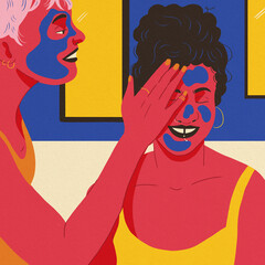 happy couple skin care blue yellow background 