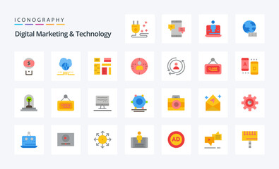 25 Digital Marketing And Technology Flat color icon pack