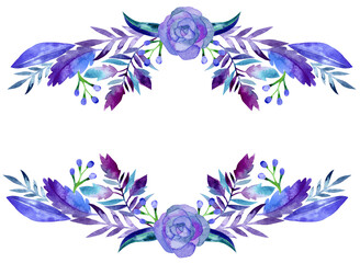 Blue watercolor floral frame for wedding invitations, cards, 500 dpi PNG illustration with transparent background, beautiful violet purple flue border frame 