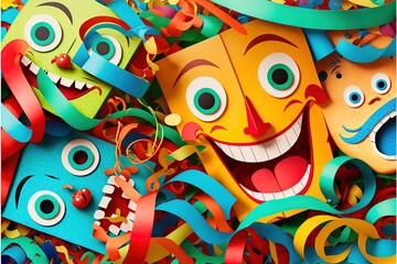happy party carneval masks with wig and confetti pieces and ribbon Falling in colorful colors. Generative ai illustration - obrazy, fototapety, plakaty