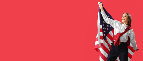 Happy young woman holding USA flag on red background with space for text