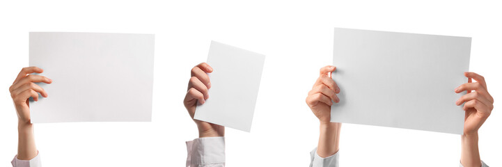 Set of female hands holding blank paper sheets on white background