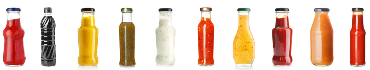 Collage of delicious sauces in bottles on white background