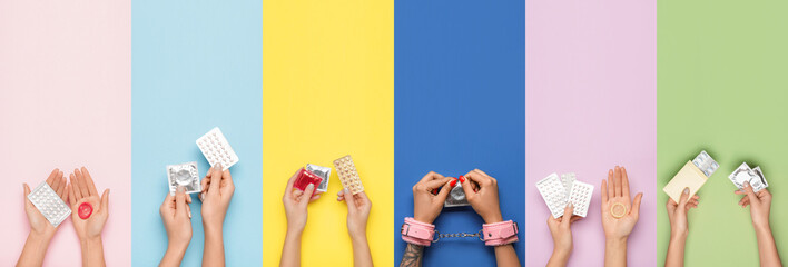 Female hands with different types of contraception on color background