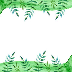 Green leaves watercolor frame 400 dpi PNG with transparent background, summer spring greenery, watercolor green border, green leaves, branches , spring or summer wedding