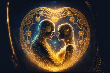 Obraz na płótnie Canvas Loving Mecha Couple Holding Hands Watching Face to Face inside of Heart Frame Isolated of generative ai illustration, Romantic Movie Actors, Love, Romance Film Cinema Scene
